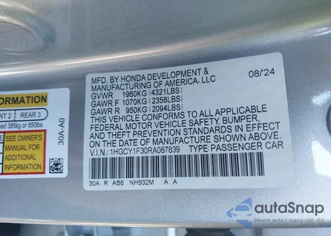 2024 Honda Accord Ex from USA, damaged, VIN 1HGCY1F30RA087839